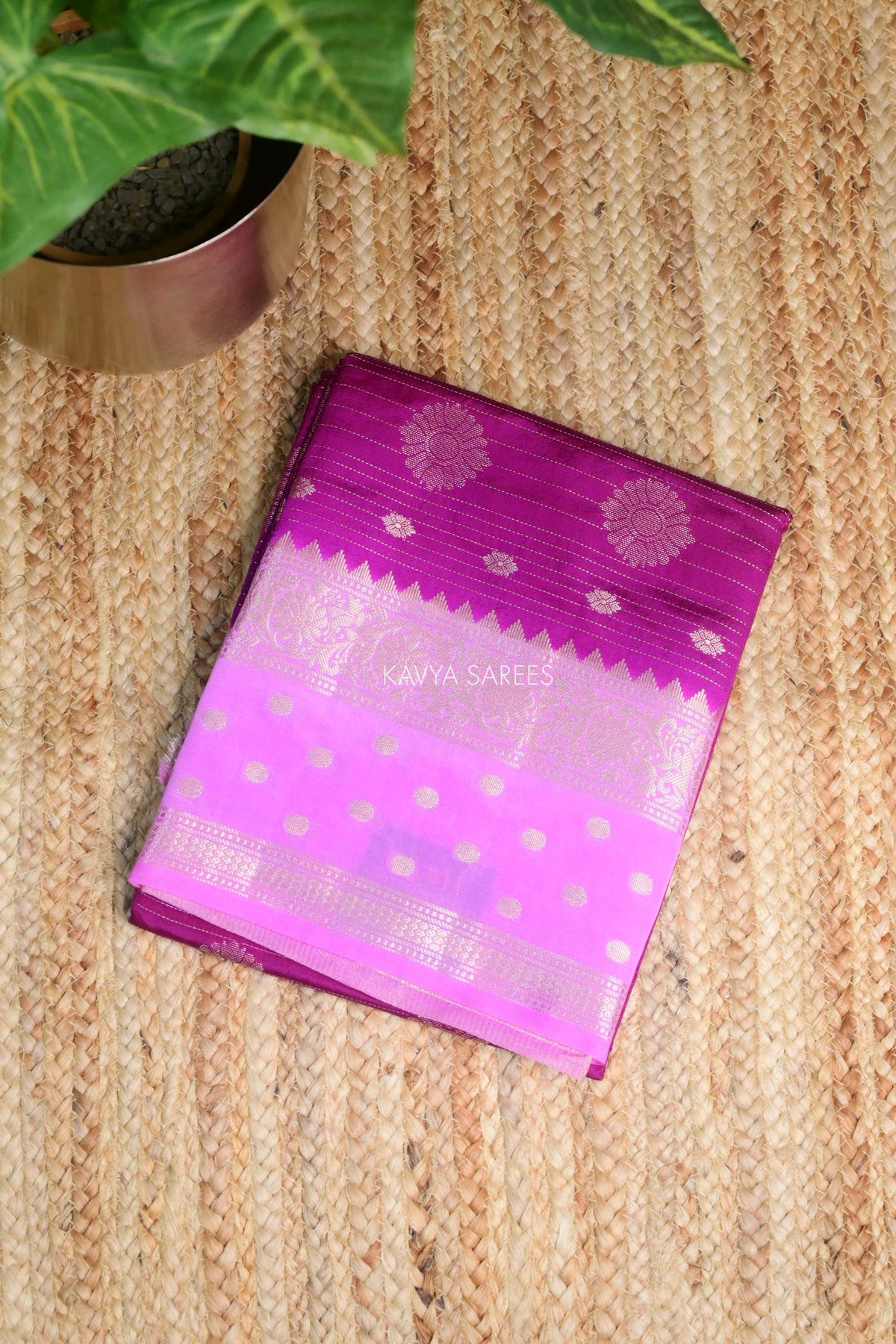 Magenta Semi Raw Silk Saree with Silver Floral Zari Motifs & Rich Zari Border