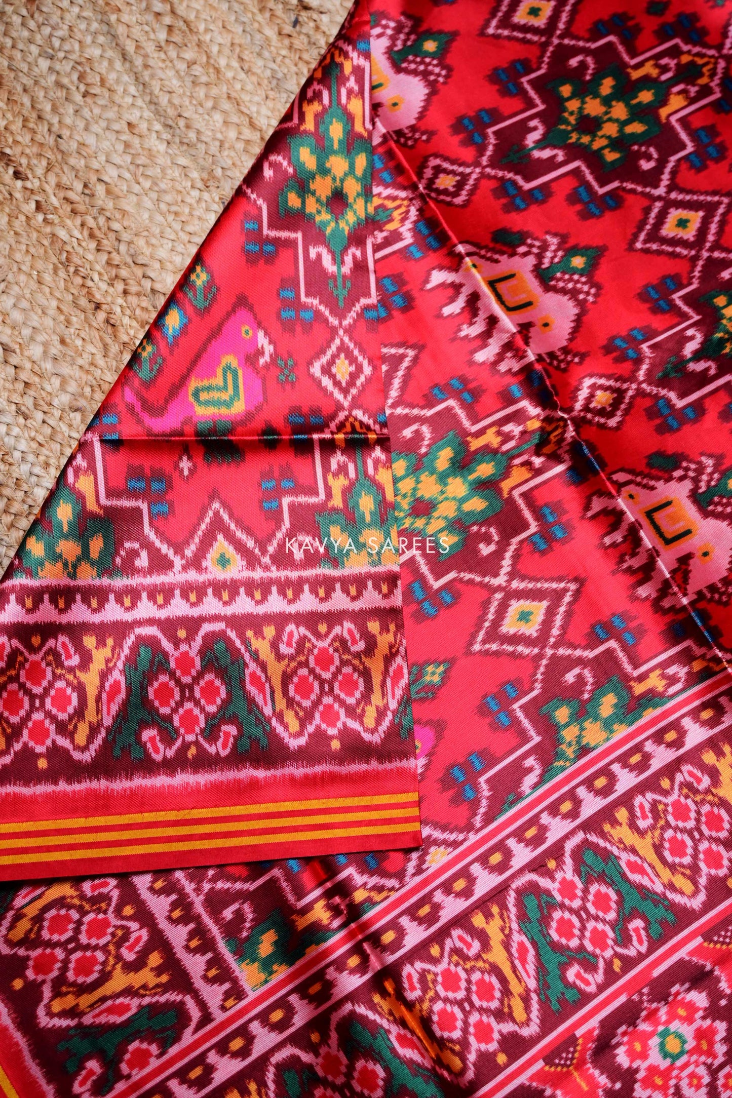 Ruby Red Designer Patola Silk Saree with Ethnic Weaves
