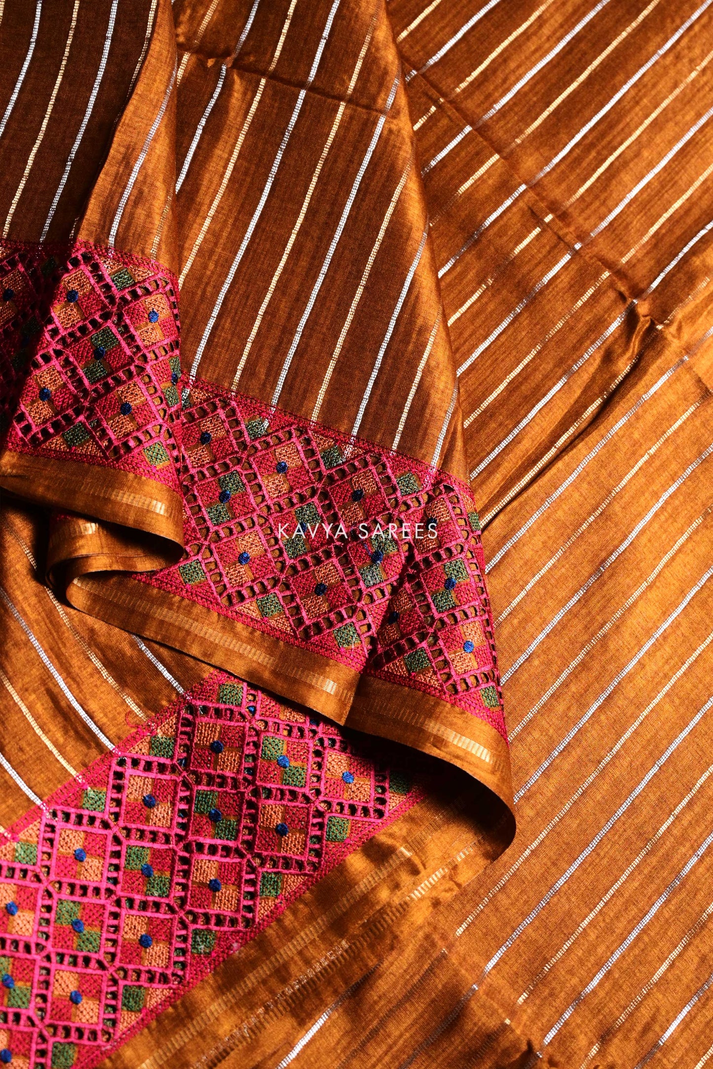 Mustard Brown Tussar Silk Saree with Traditional Handcrafted Border