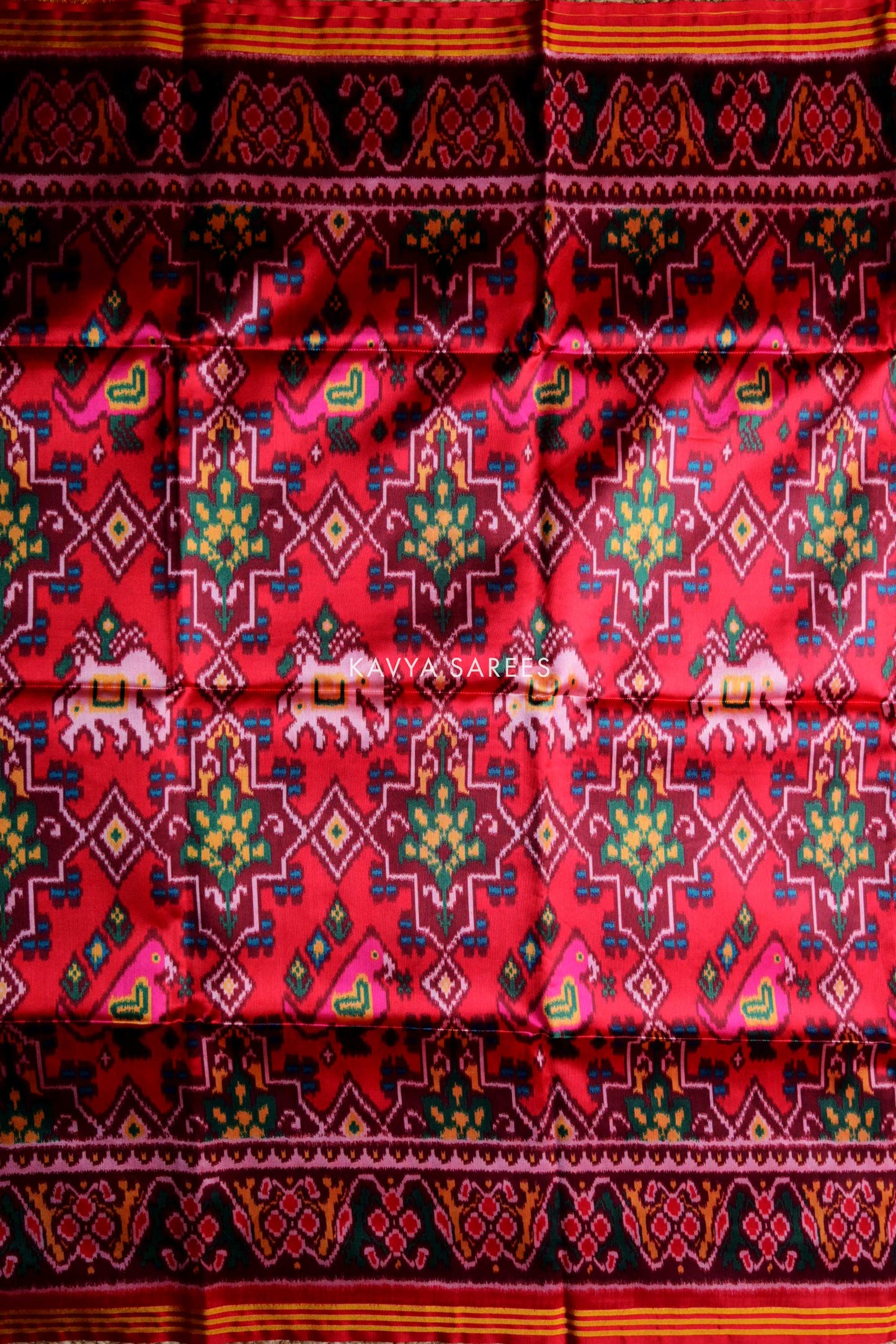 Ruby Red Designer Patola Silk Saree with Ethnic Weaves