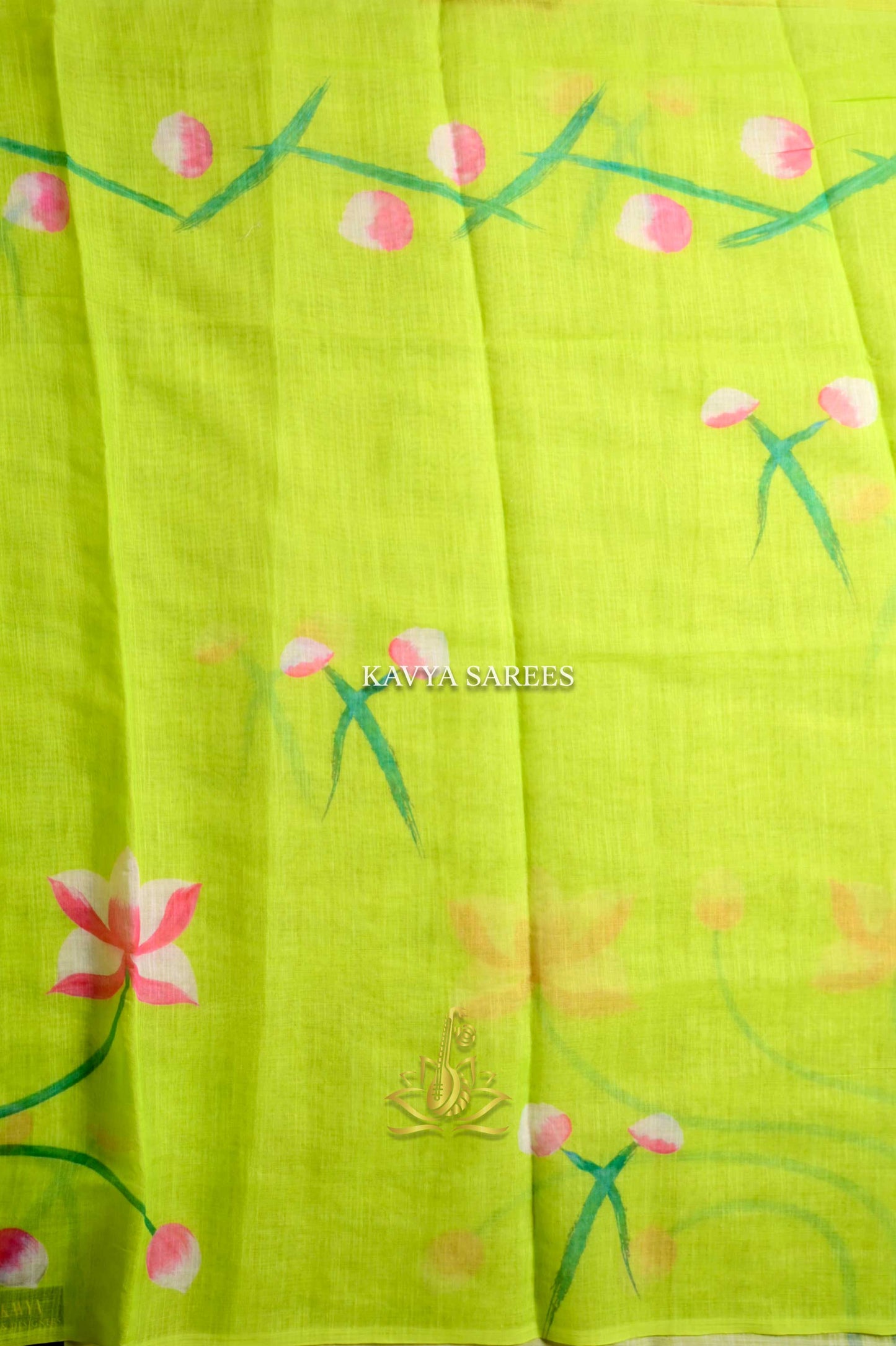 Lime Green Kota Cotton Saree with Pink Floral Print