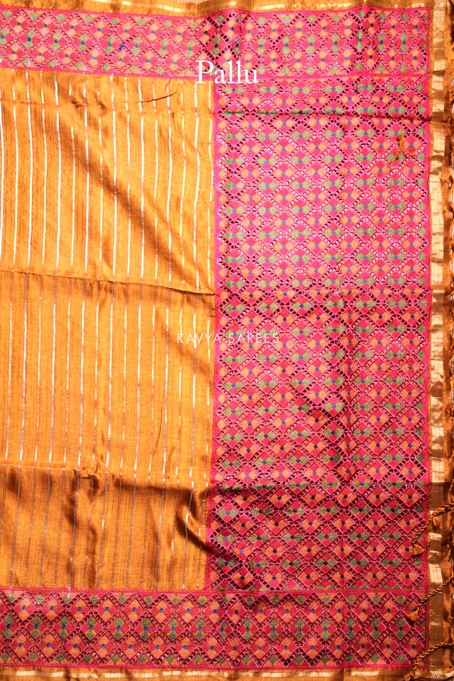 Mustard Brown Tussar Silk Saree with Traditional Handcrafted Border