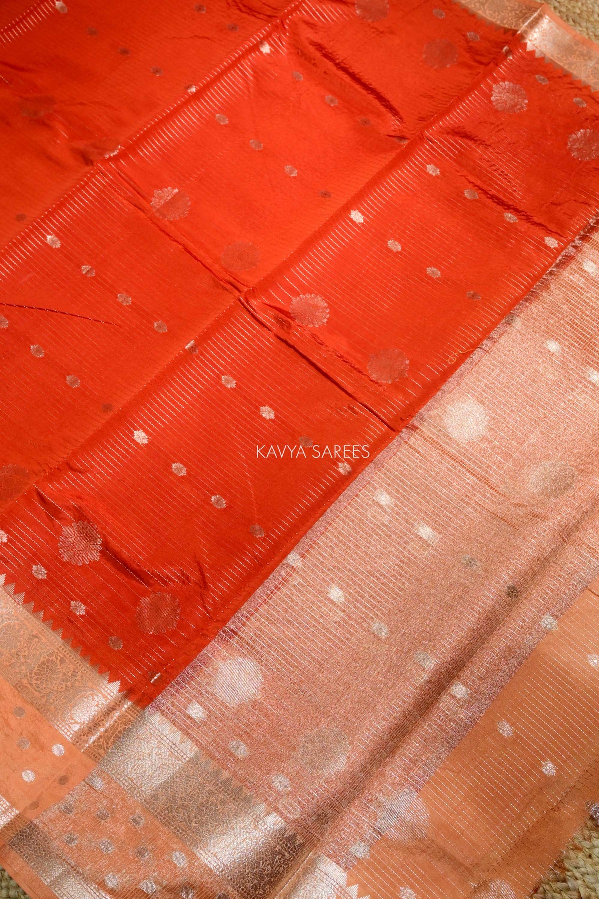 Vibrant Orange Semi Raw Silk Saree with Silver Floral Zari Motifs & Designer Border