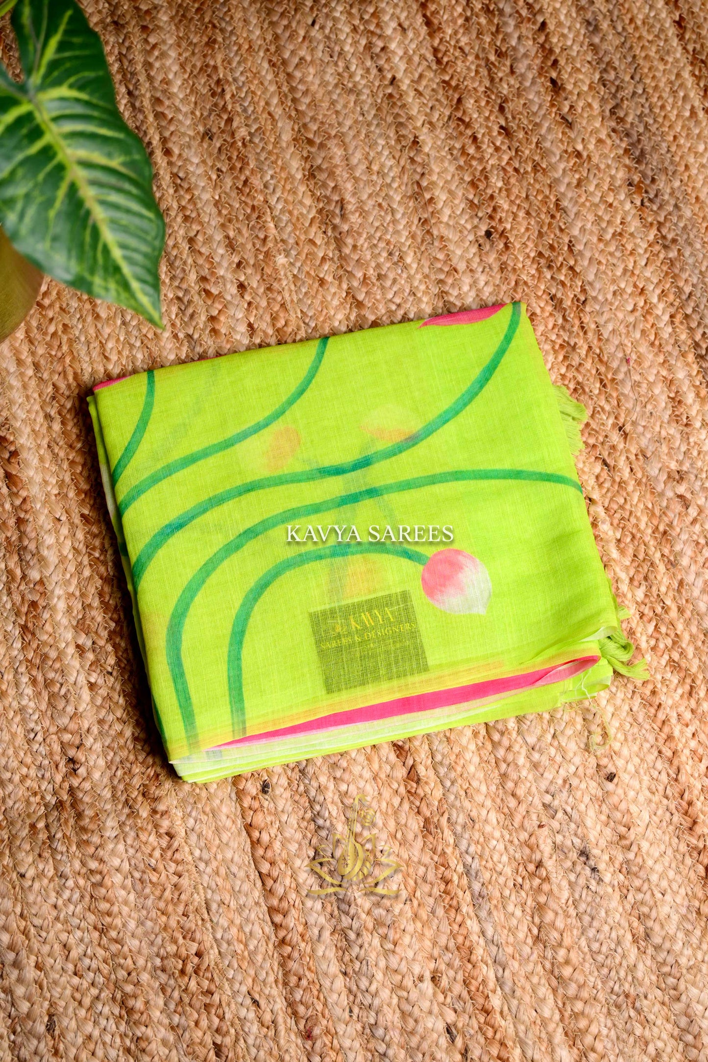 Lime Green Kota Cotton Saree with Pink Floral Print
