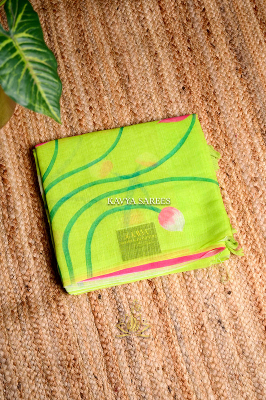 Lime Green Kota Cotton Saree with Pink Floral Print