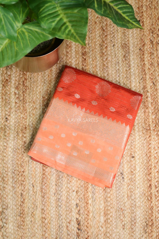Vibrant Orange Semi Raw Silk Saree with Silver Floral Zari Motifs & Designer Border