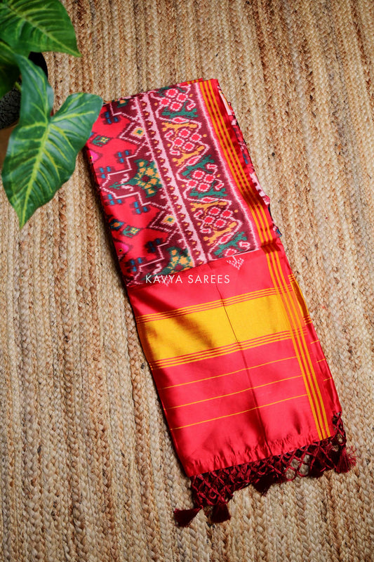Ruby Red Designer Patola Silk Saree with Ethnic Weaves