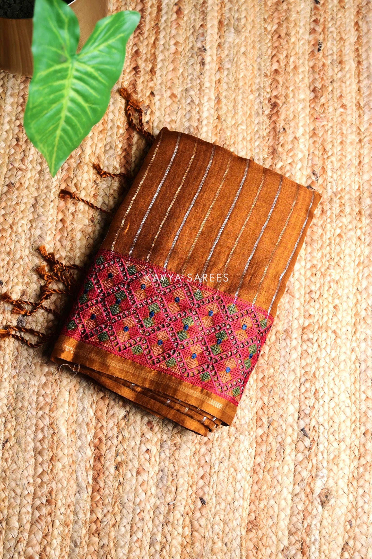 Mustard Brown Tussar Silk Saree with Traditional Handcrafted Border