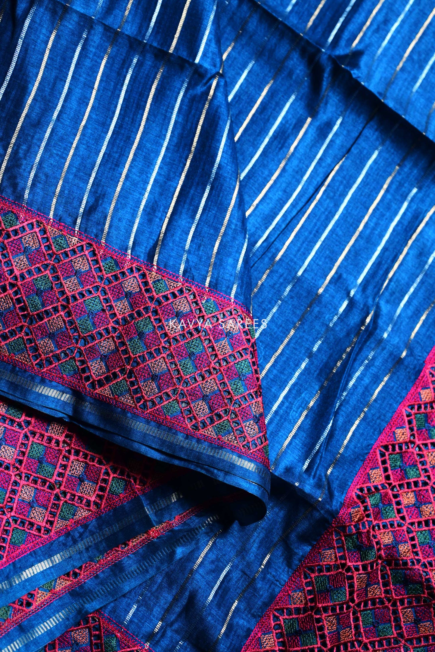 Royal Blue Tussar Silk Saree with Elegant Ethnic Woven Border