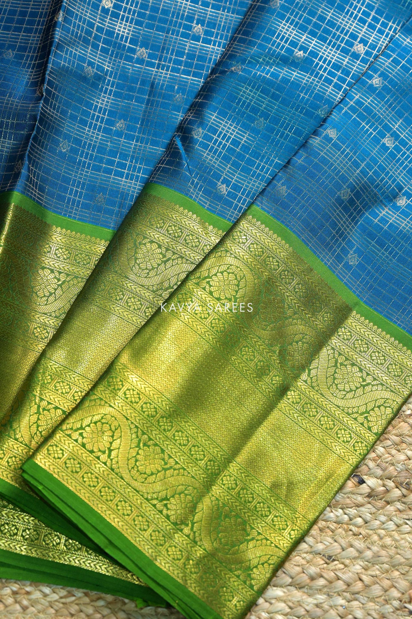 Peacock Blue & Olive Green Kanchi Pattu Silk Saree with Traditional Zari Border