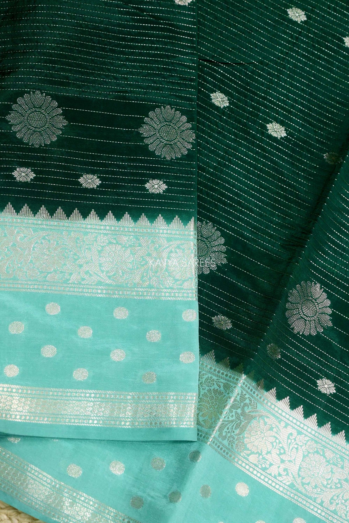 Bottle Green Semi Raw Silk Saree with Silver Floral Zari Motifs & Elegant Zari Border
