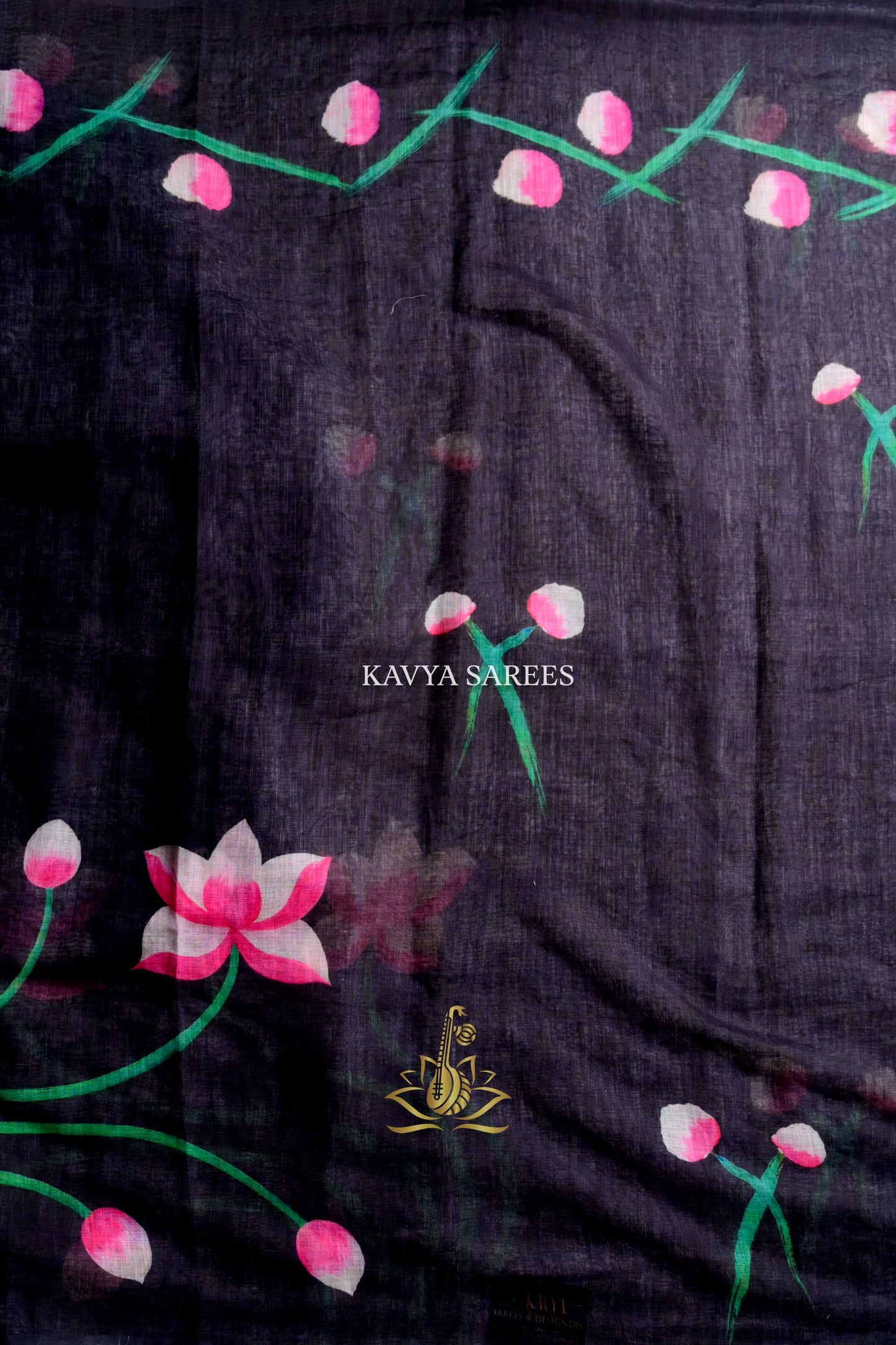 Charcoal Black Kota Cotton Saree with Rose Floral Print