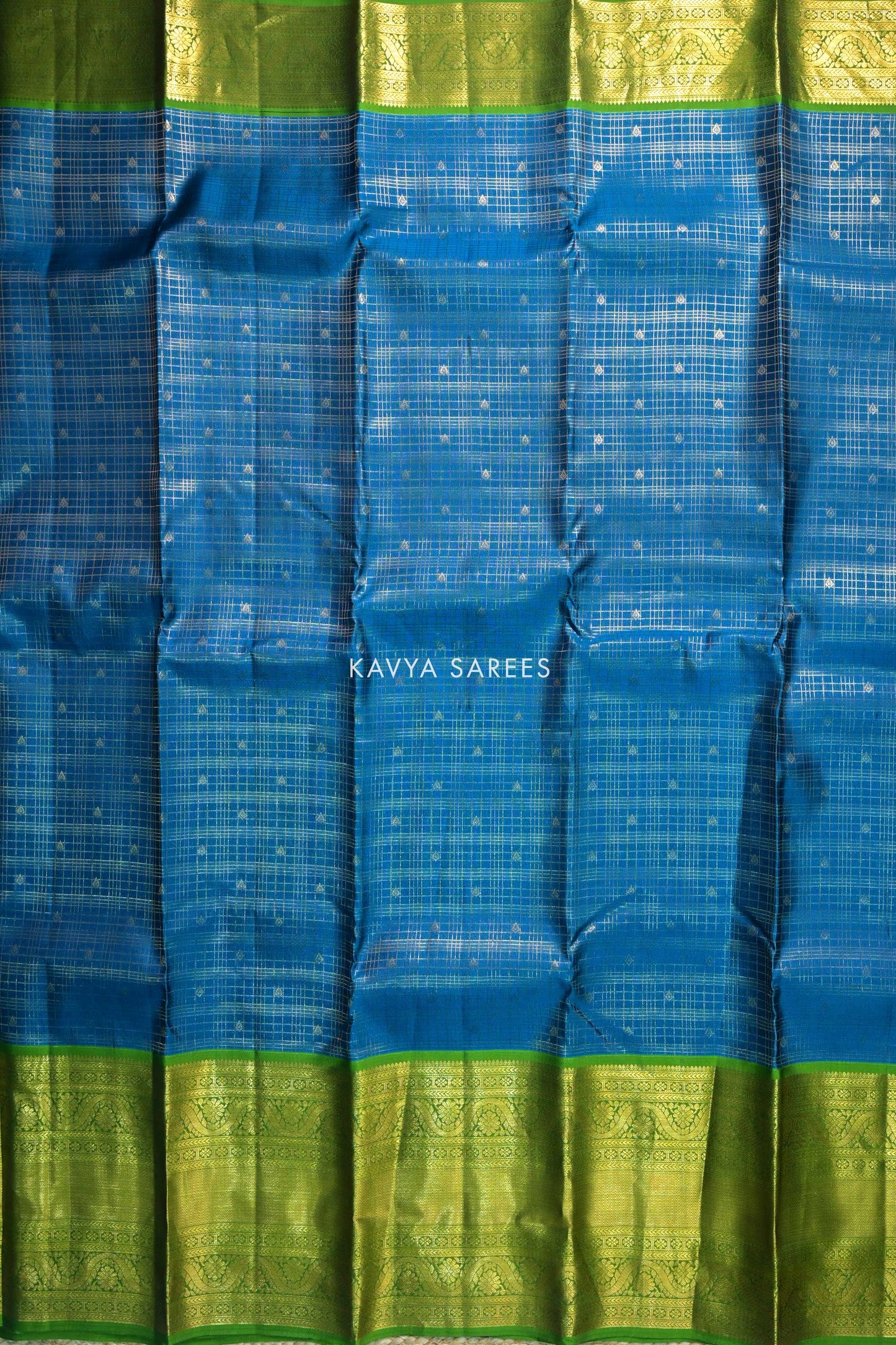 Peacock Blue & Olive Green Kanchi Pattu Silk Saree with Traditional Zari Border