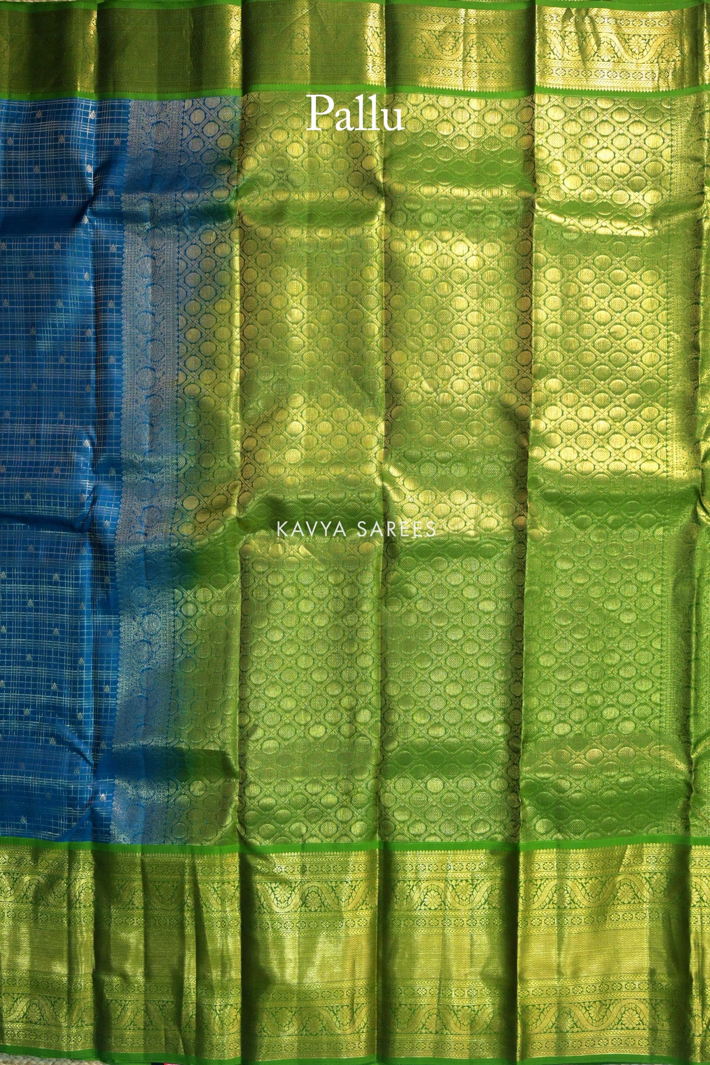 Peacock Blue & Olive Green Kanchi Pattu Silk Saree with Traditional Zari Border