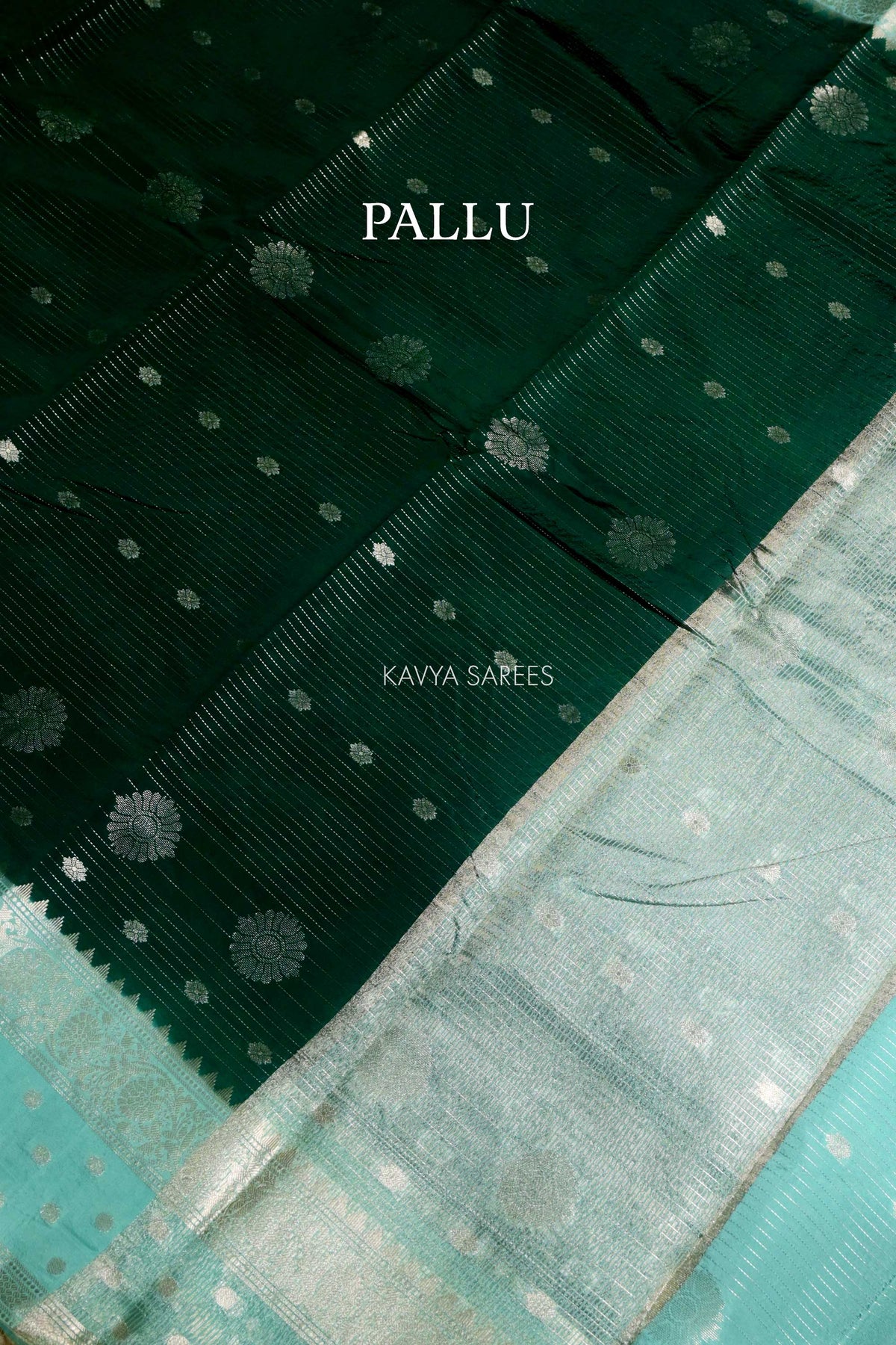 Bottle Green Semi Raw Silk Saree with Silver Floral Zari Motifs & Elegant Zari Border