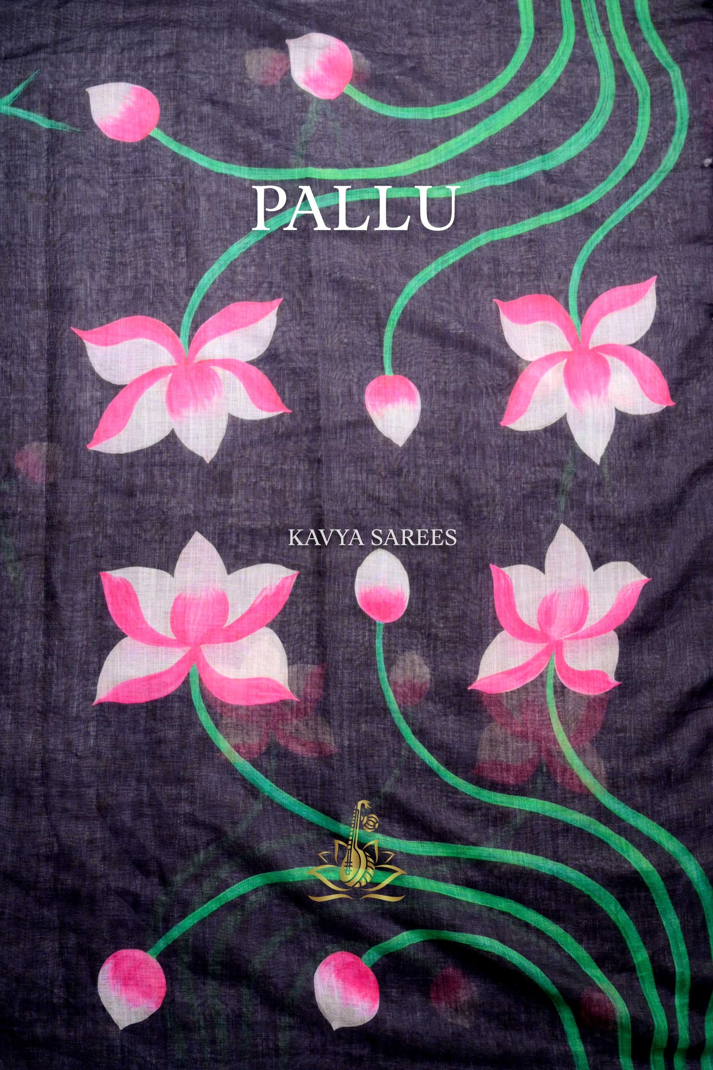 Charcoal Black Kota Cotton Saree with Rose Floral Print