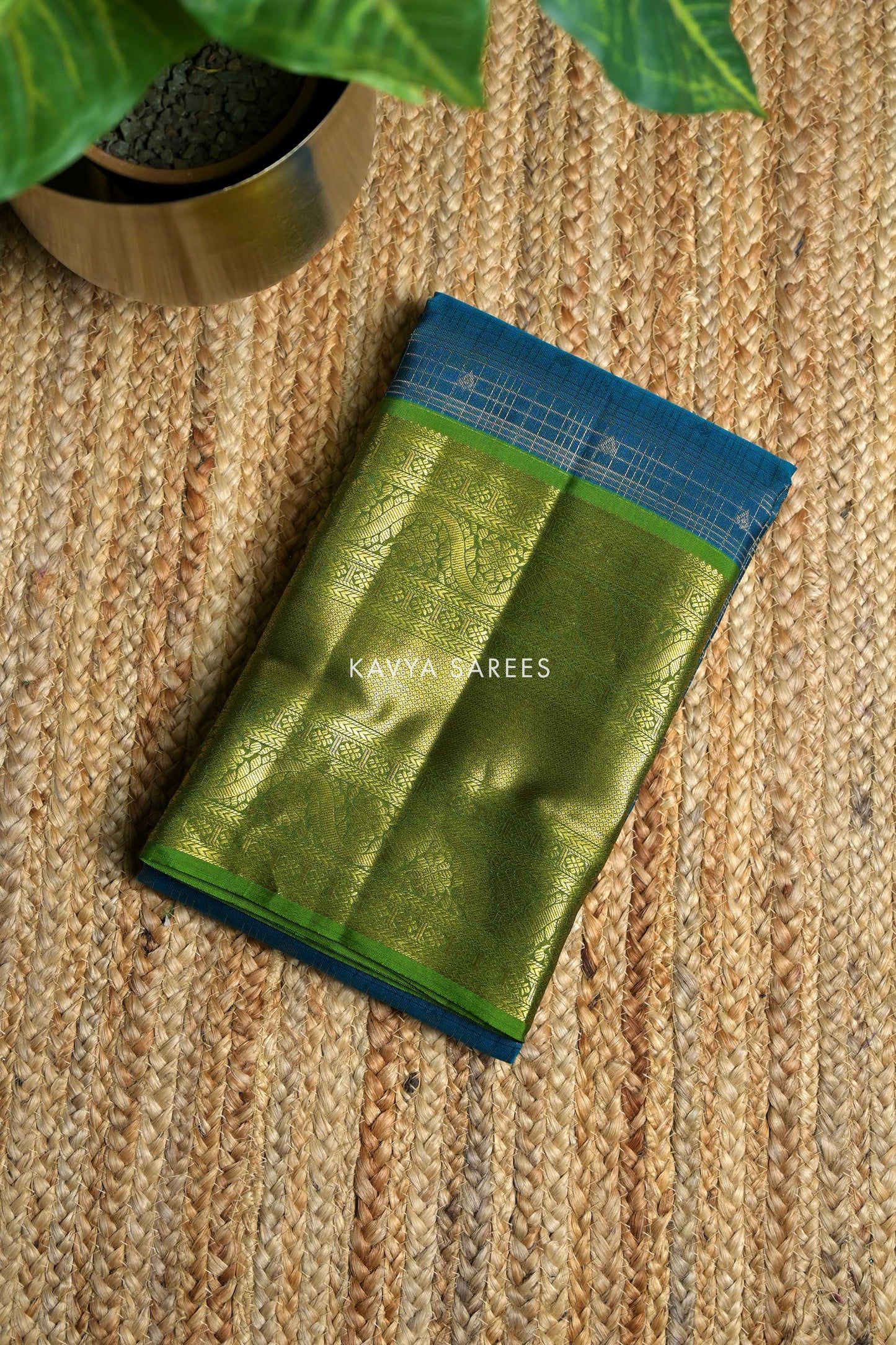 Peacock Blue & Olive Green Kanchi Pattu Silk Saree with Traditional Zari Border