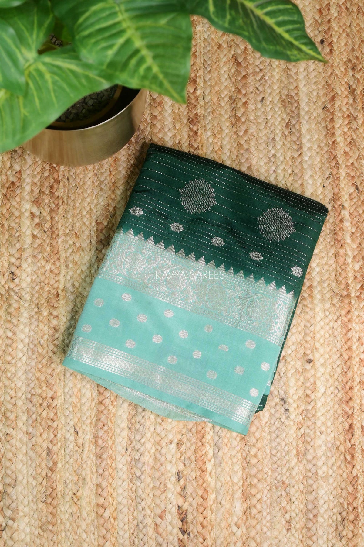 Bottle Green Semi Raw Silk Saree with Silver Floral Zari Motifs & Elegant Zari Border