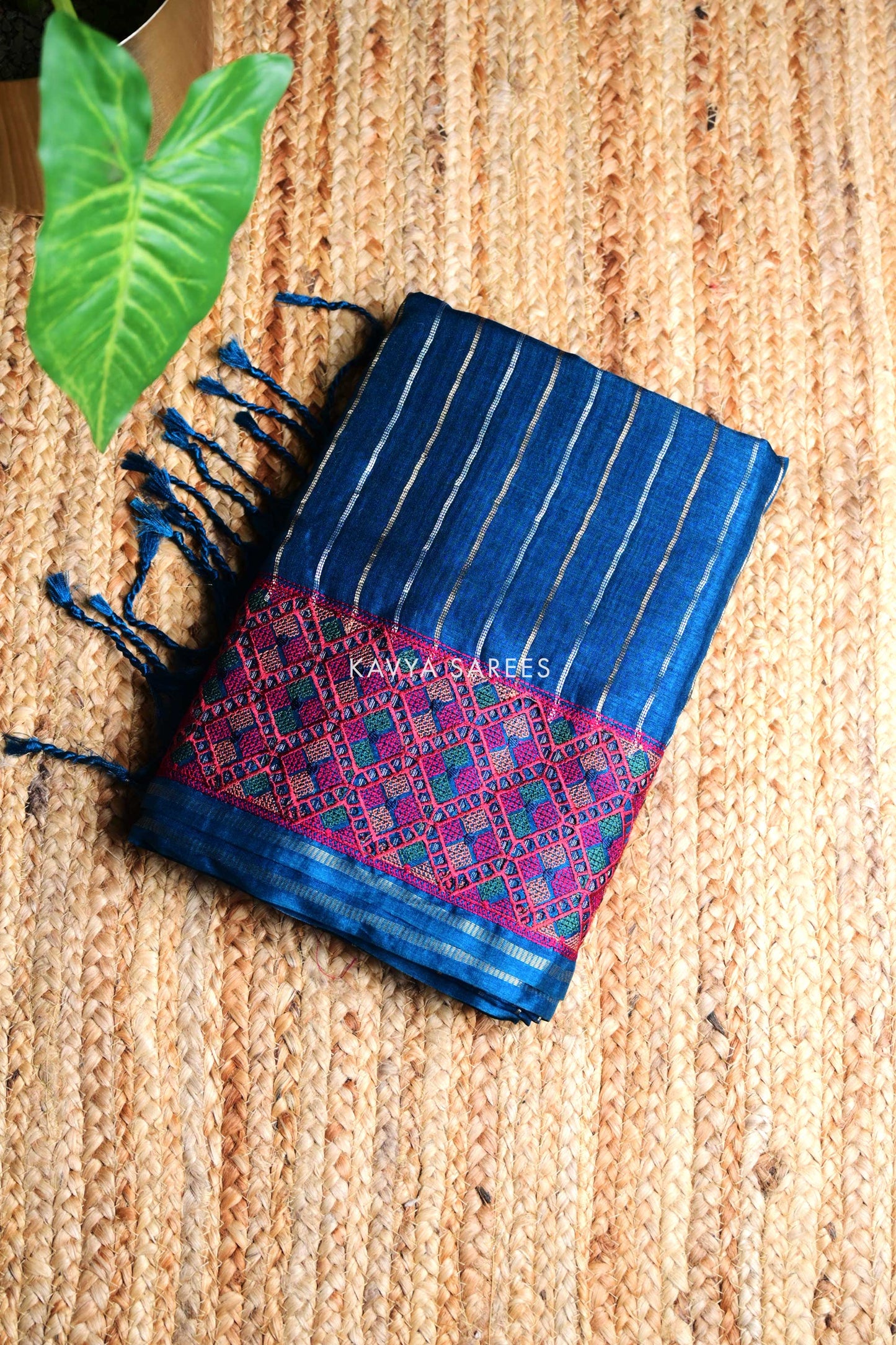 Royal Blue Tussar Silk Saree with Elegant Ethnic Woven Border