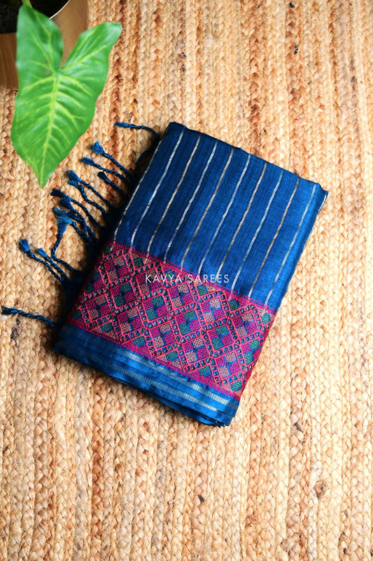 Royal Blue Tussar Silk Saree with Elegant Ethnic Woven Border
