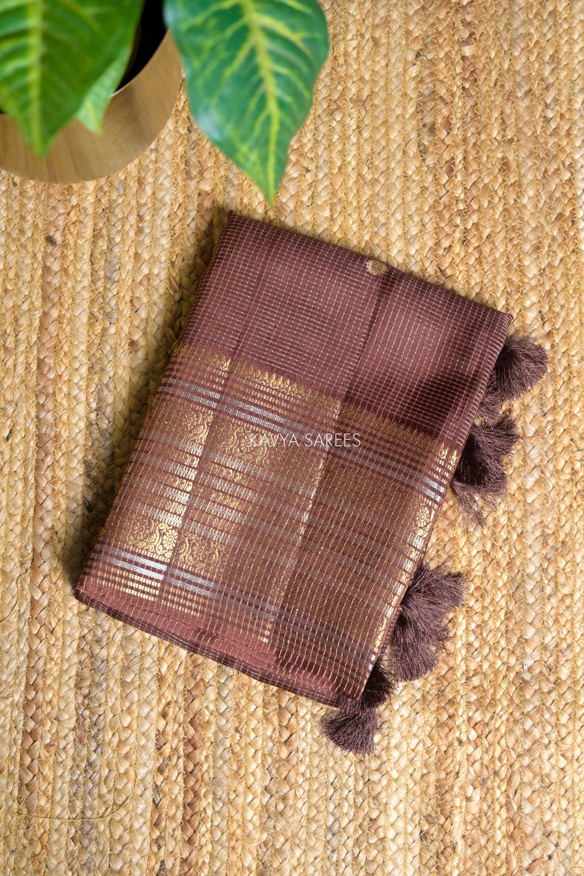 Mauve Brown Fancy Vintage Saree with Golden Zari Border & Butti