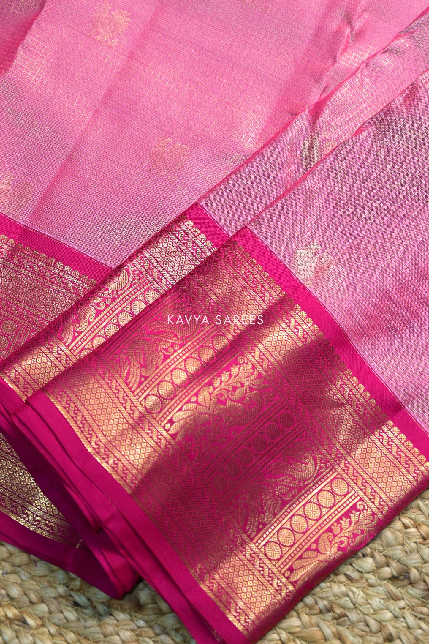 Baby Pink Kanchi Pattu Silk Saree with Rani Pink Zari Border