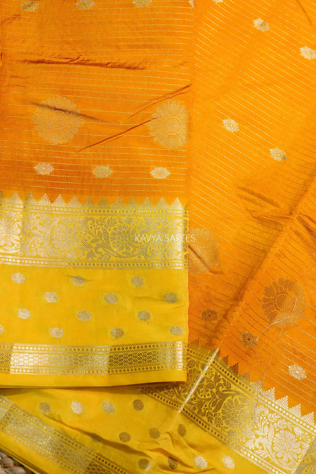Bright Yellow Semi Raw Silk Saree with Silver Floral Zari Motifs & Traditional Border
