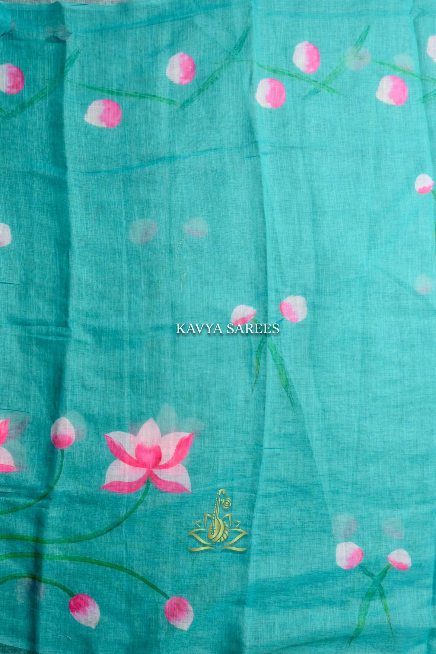 Aqua Teal Kota Cotton Saree with Pink Floral Print