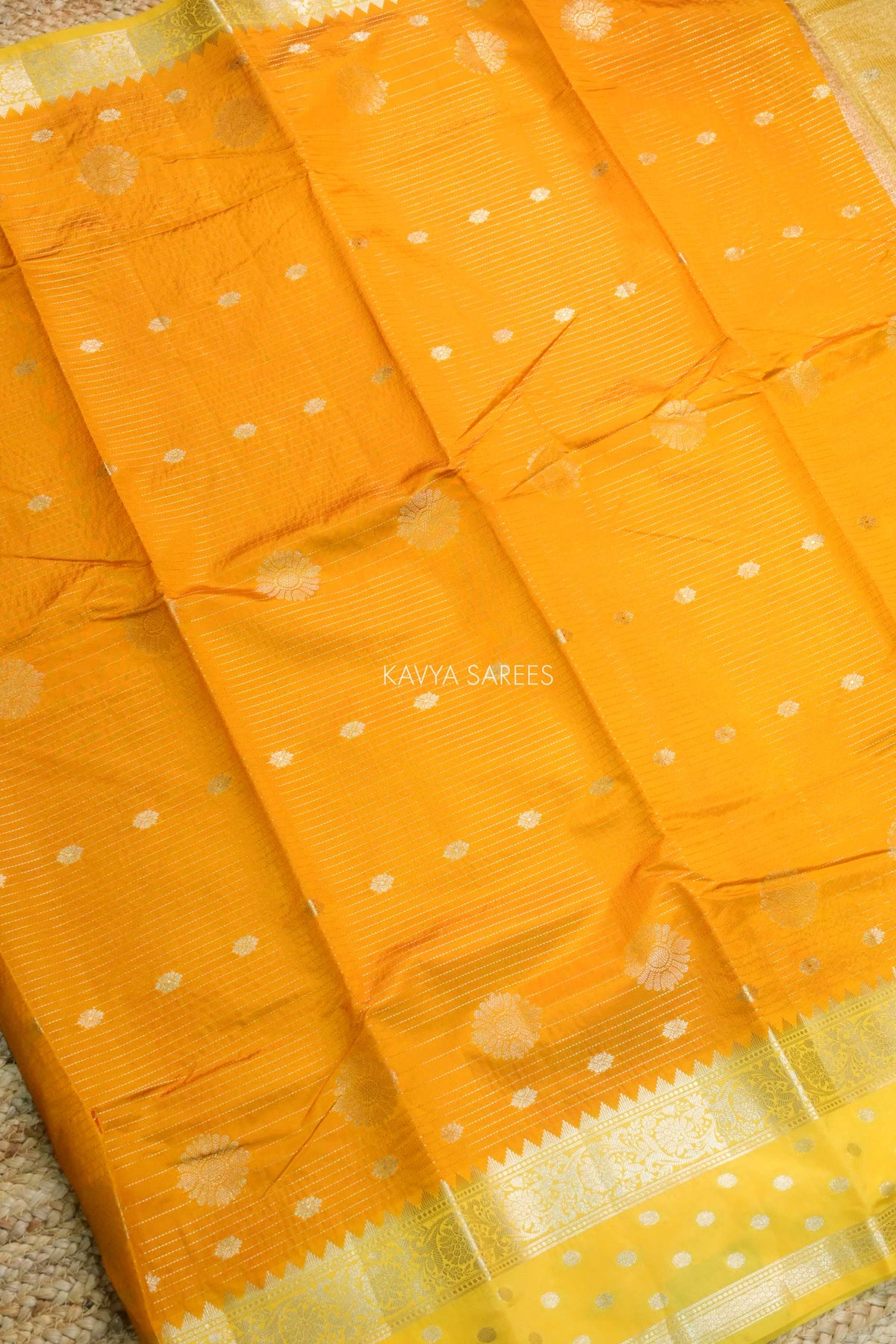 Bright Yellow Semi Raw Silk Saree with Silver Floral Zari Motifs & Traditional Border