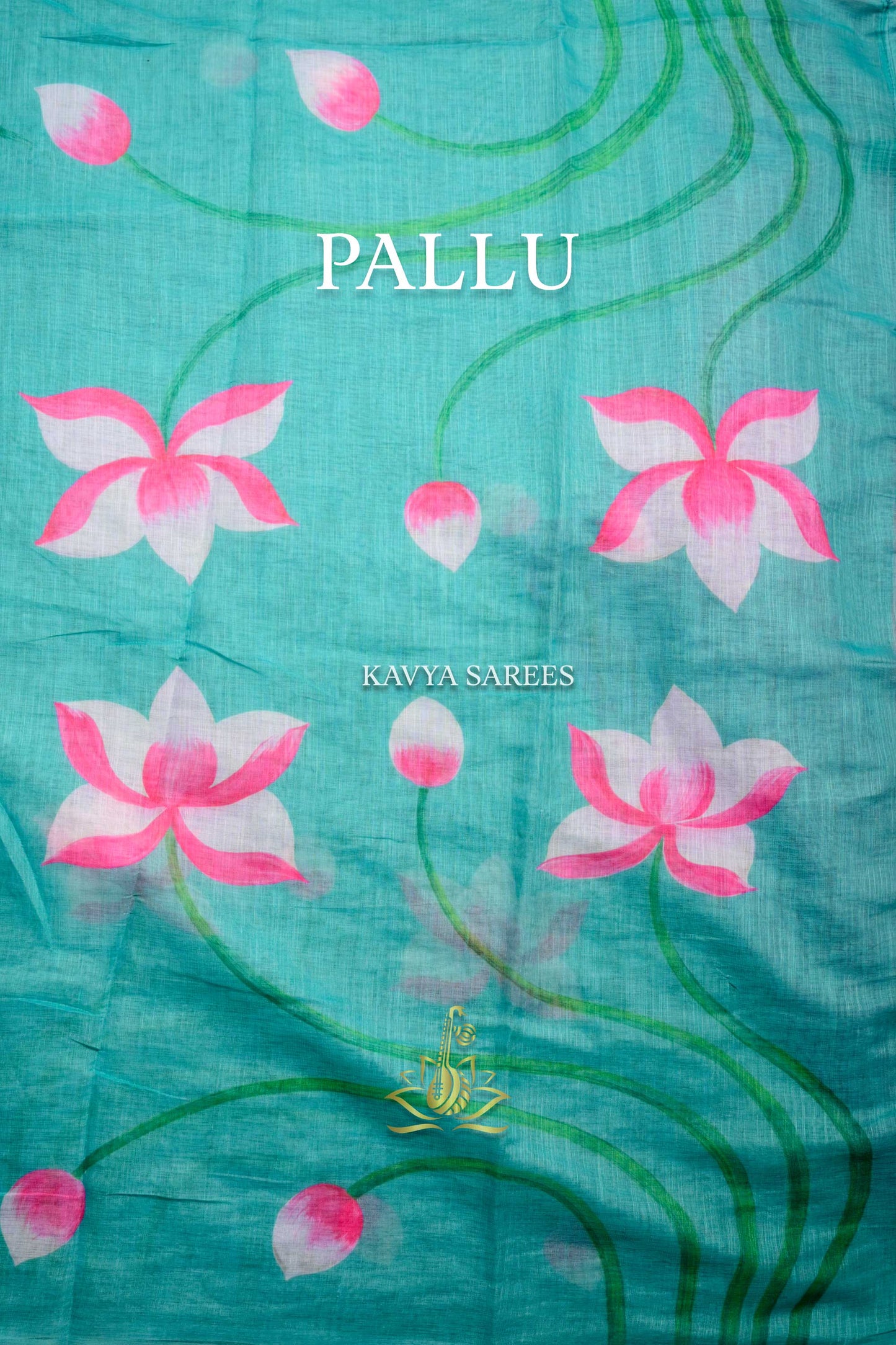Aqua Teal Kota Cotton Saree with Pink Floral Print