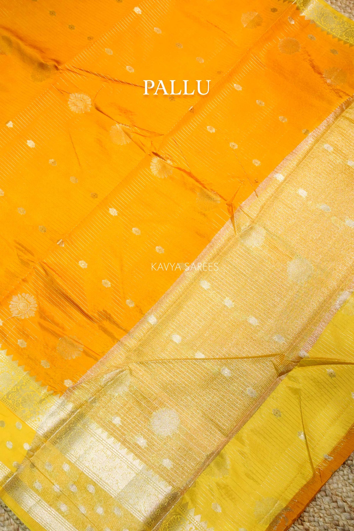 Bright Yellow Semi Raw Silk Saree with Silver Floral Zari Motifs & Traditional Border