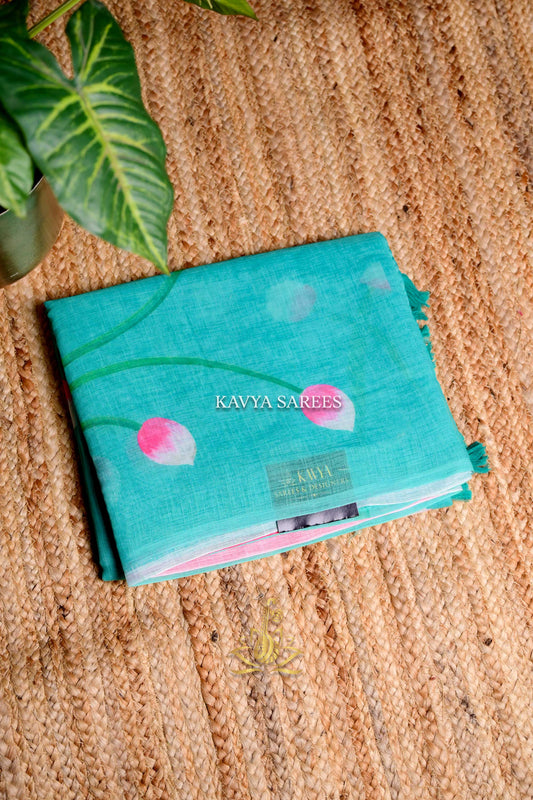 Aqua Teal Kota Cotton Saree with Pink Floral Print