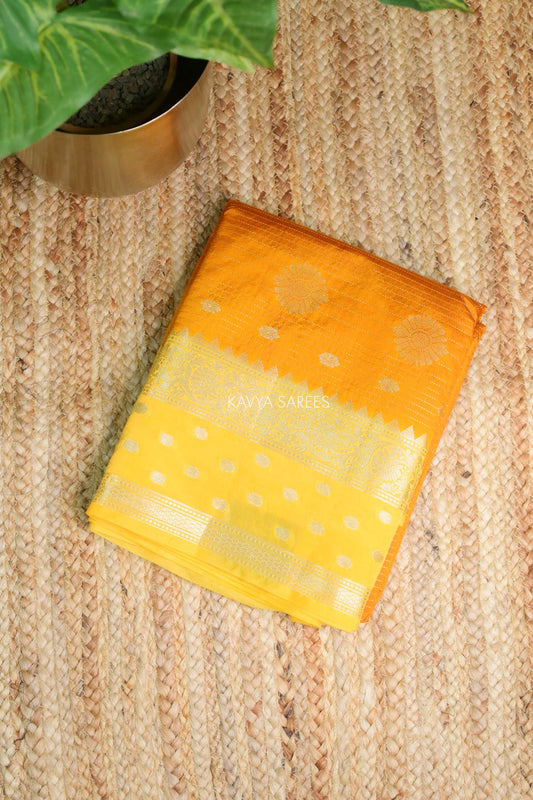 Bright Yellow Semi Raw Silk Saree with Silver Floral Zari Motifs & Traditional Border