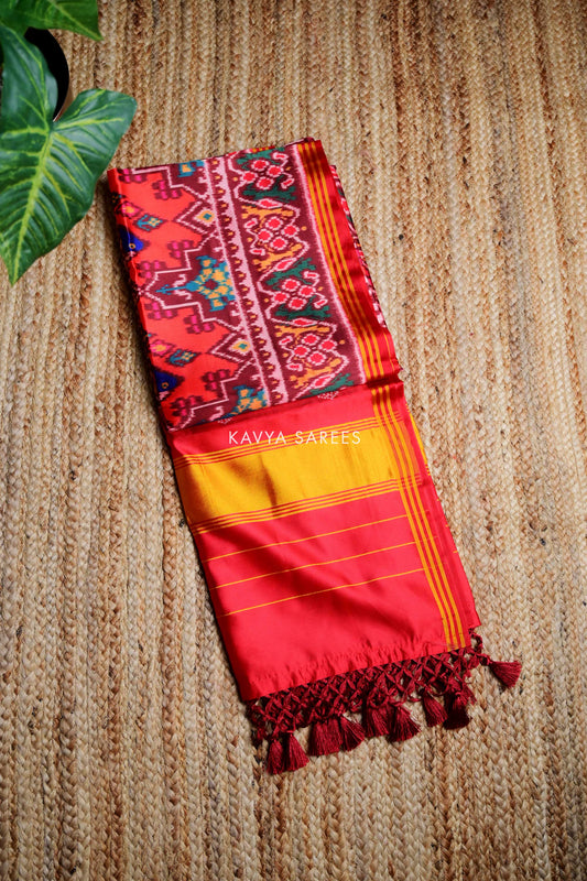 Coral Pink Patola Silk Saree with Traditional Geometric Design