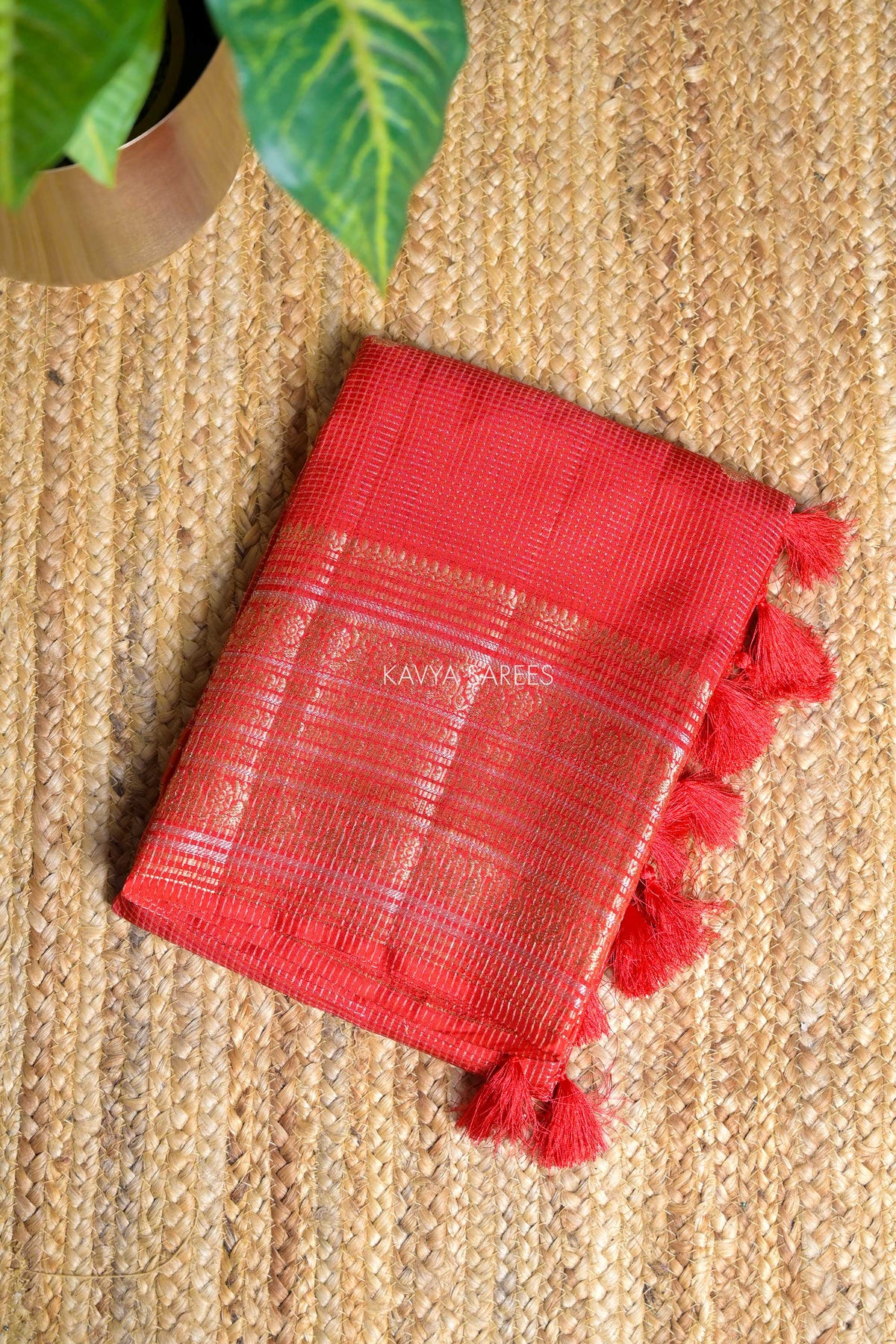 Classic Red Fancy Vintage Saree with Golden Zari Border & Butti