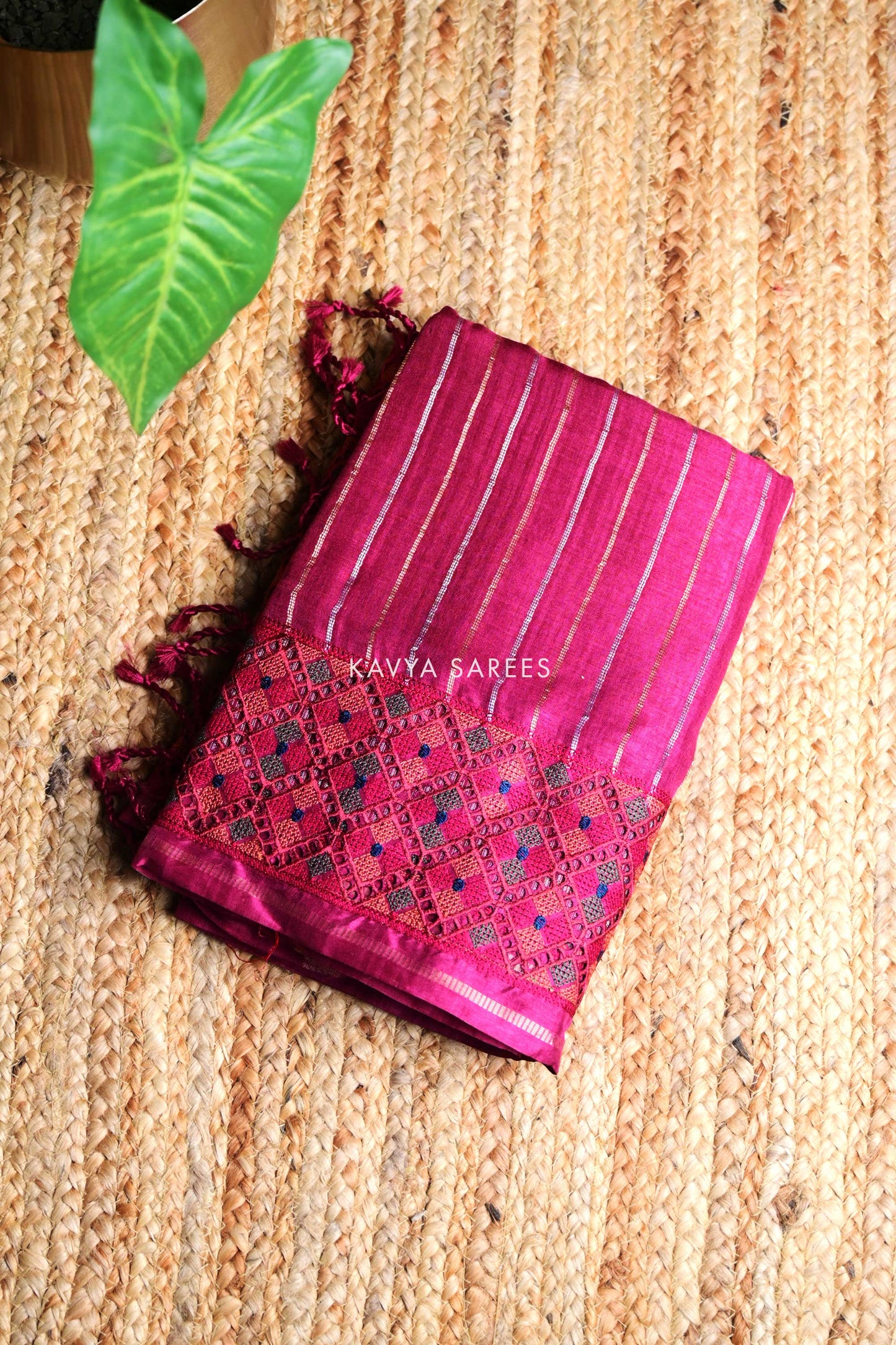 Rani Pink Tussar Silk Saree with Premium Handloom Designer Border