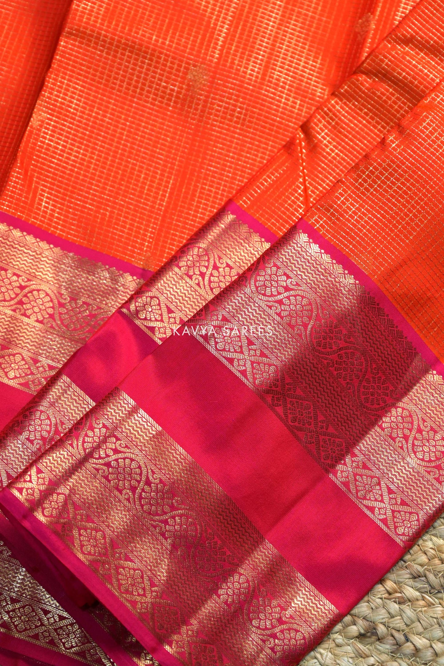 Orange & Pink Kanchi Pattu Silk Saree with Elegant Zari Border