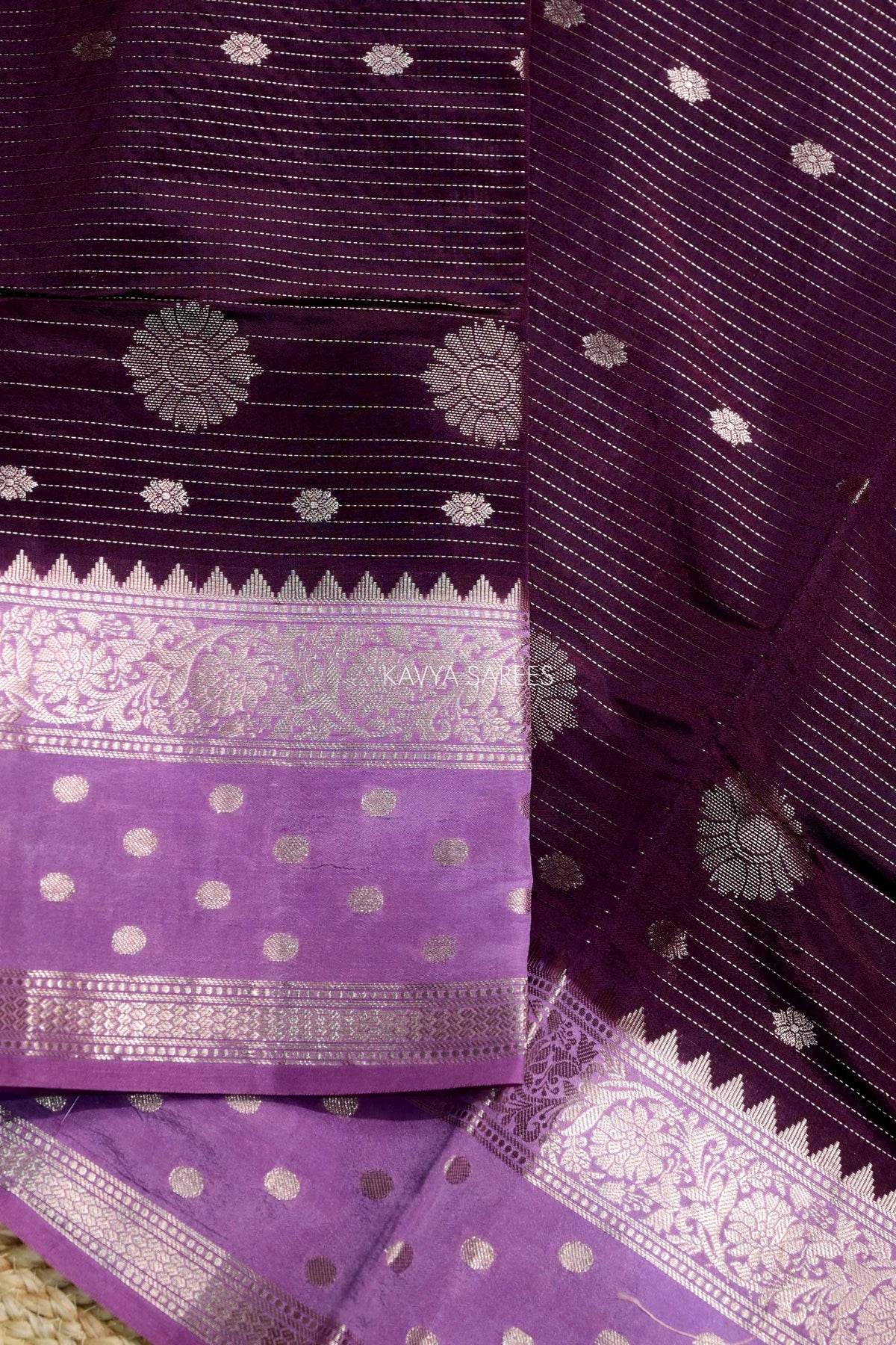 Deep Purple Semi Raw Silk Saree with Silver Floral Zari Motifs & Rich Zari Border