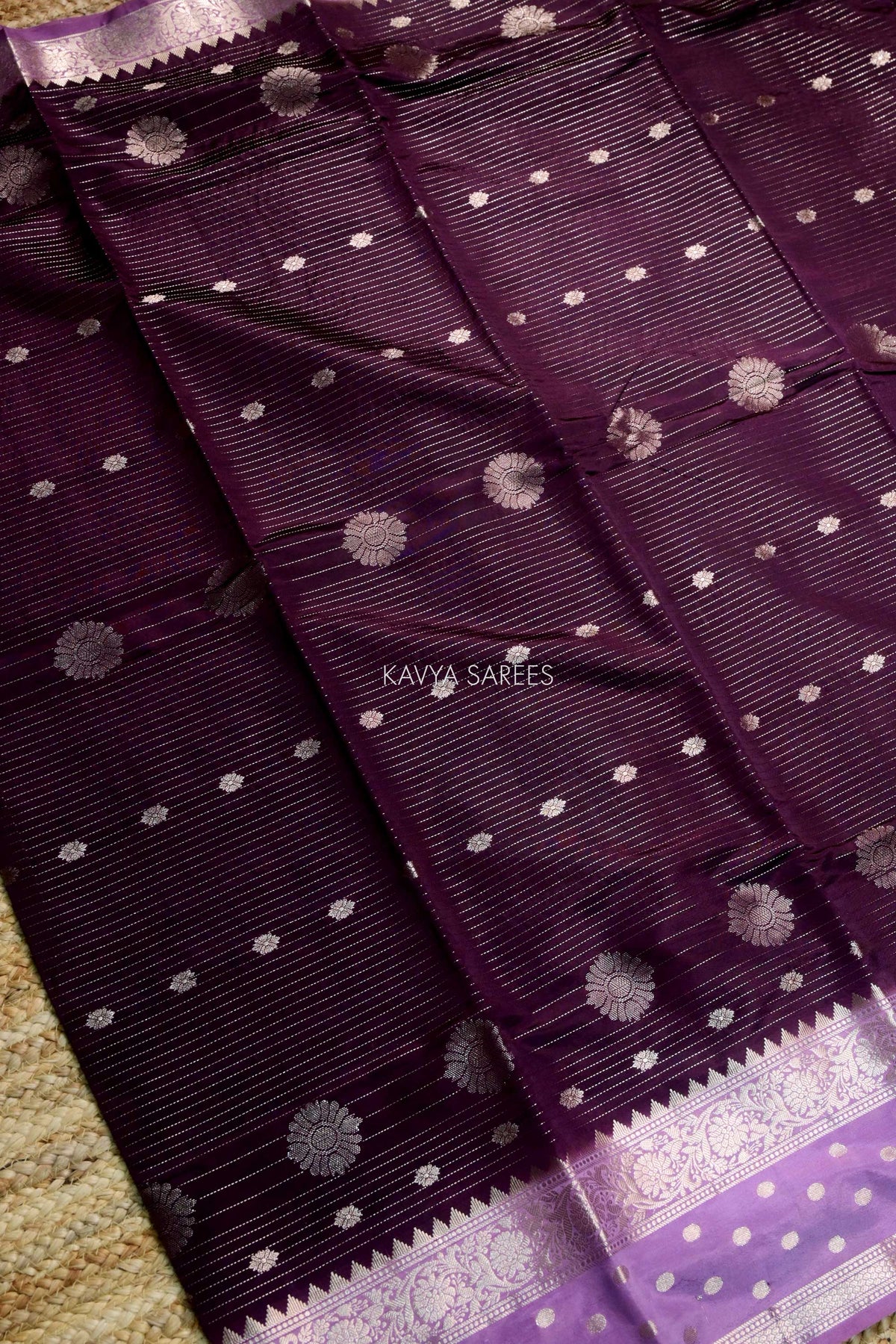 Deep Purple Semi Raw Silk Saree with Silver Floral Zari Motifs & Rich Zari Border