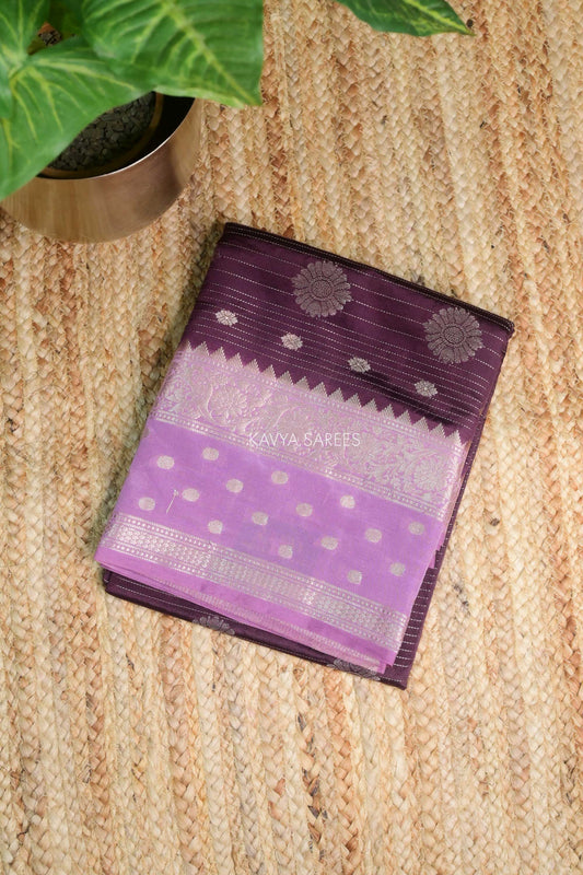 Deep Purple Semi Raw Silk Saree with Silver Floral Zari Motifs & Rich Zari Border