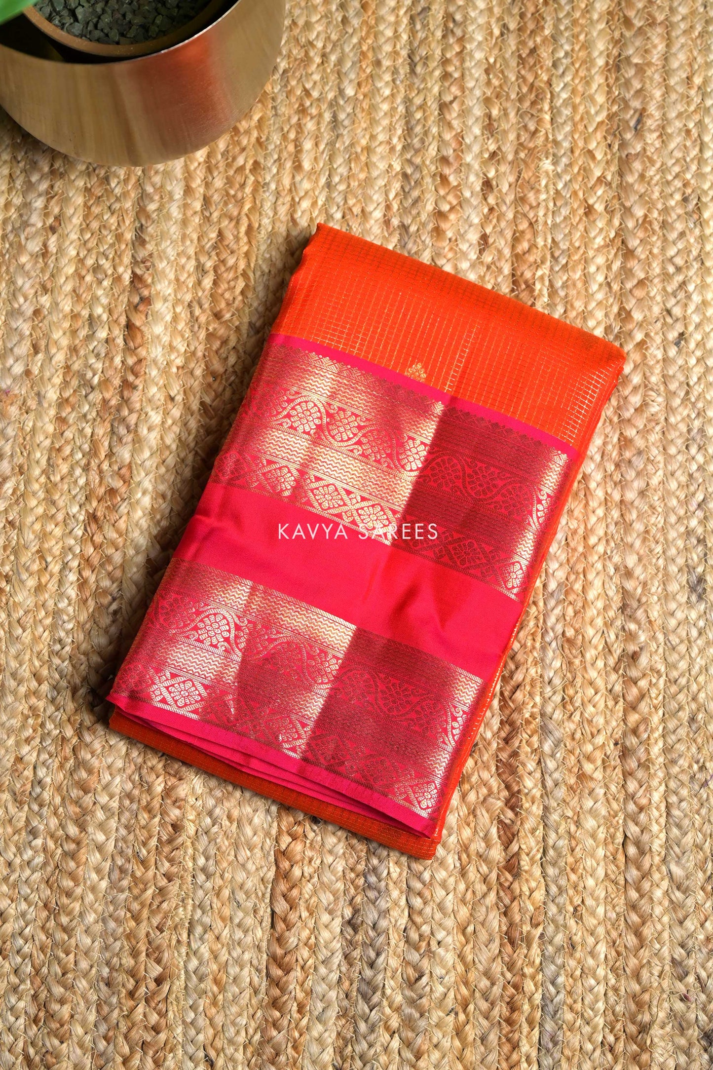Orange & Pink Kanchi Pattu Silk Saree with Elegant Zari Border