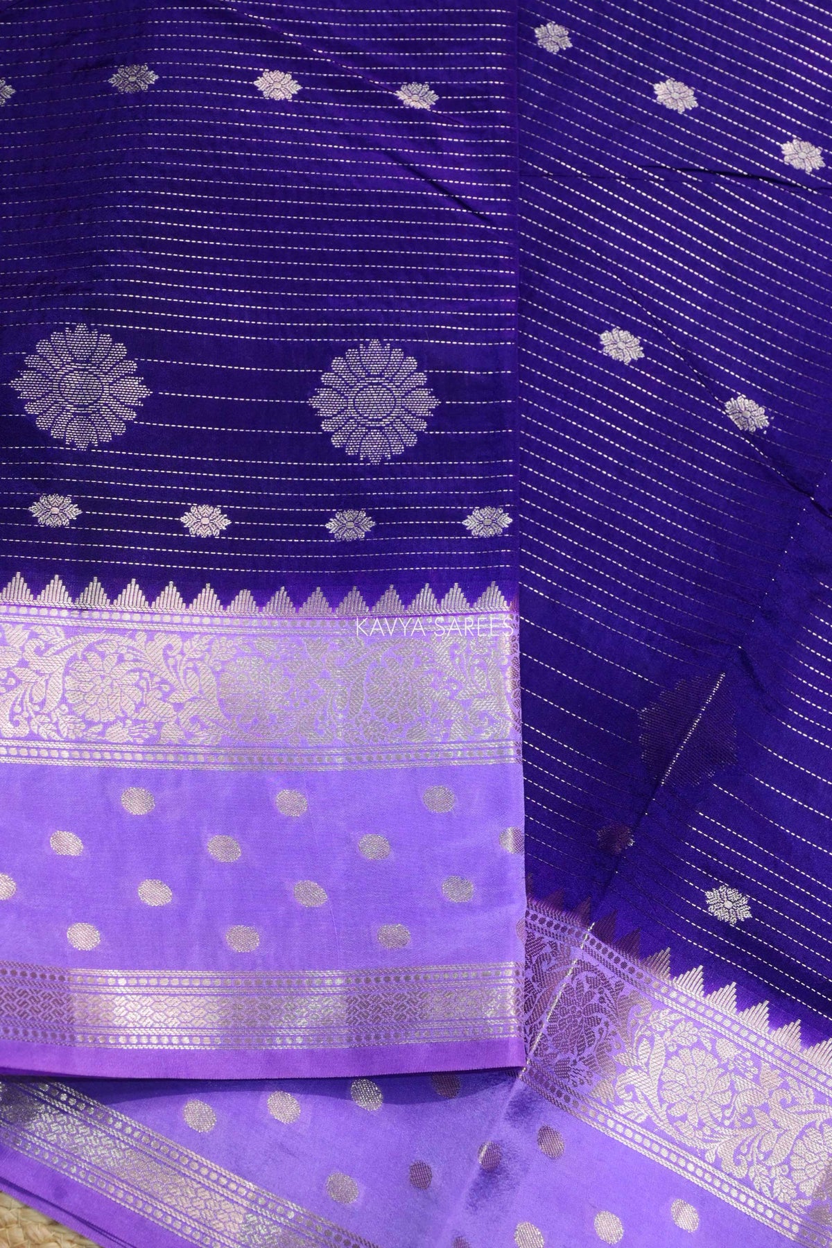 Royal Purple Semi Raw Silk Saree with Silver Floral Zari Motifs & Elegant Zari Border
