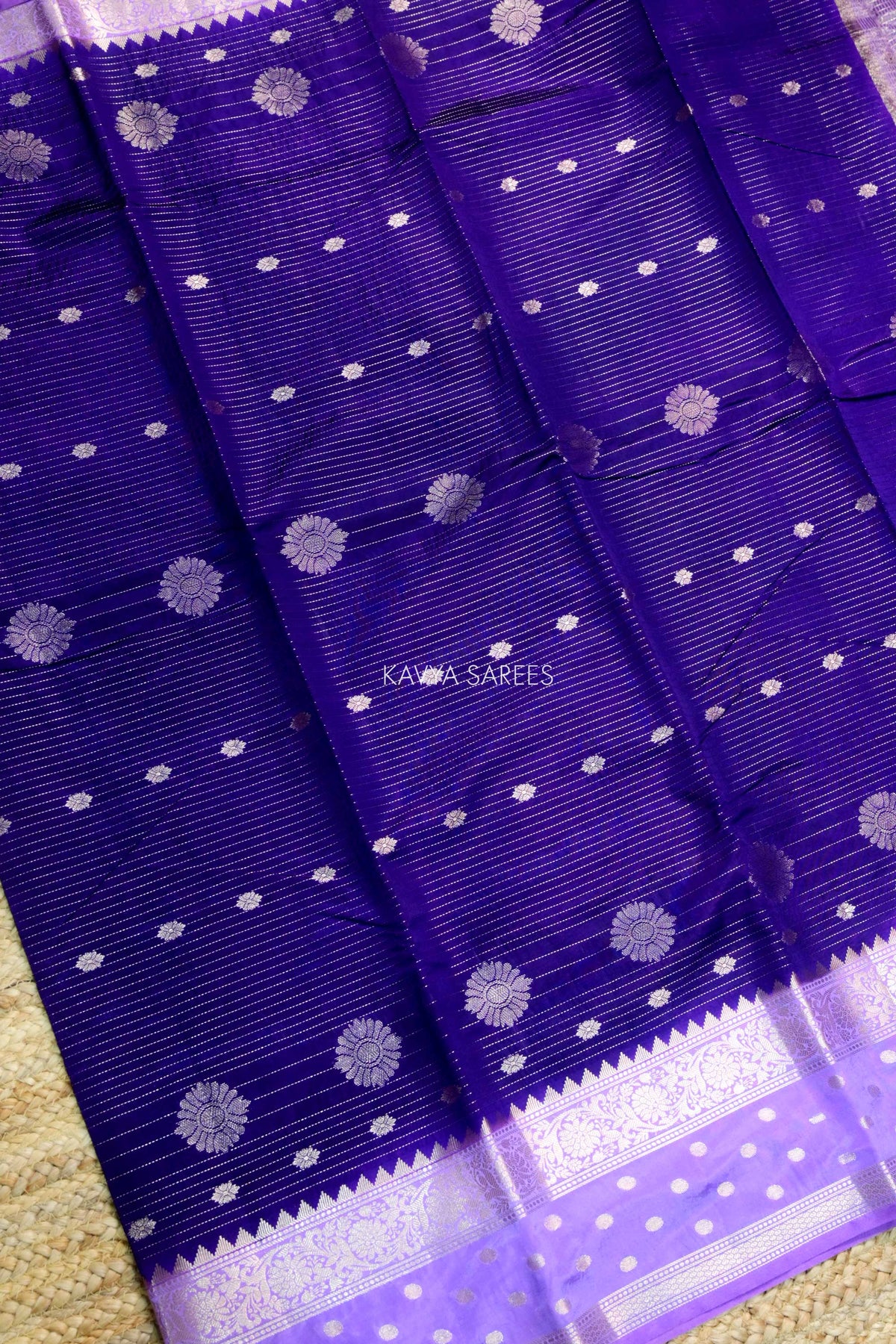 Royal Purple Semi Raw Silk Saree with Silver Floral Zari Motifs & Elegant Zari Border