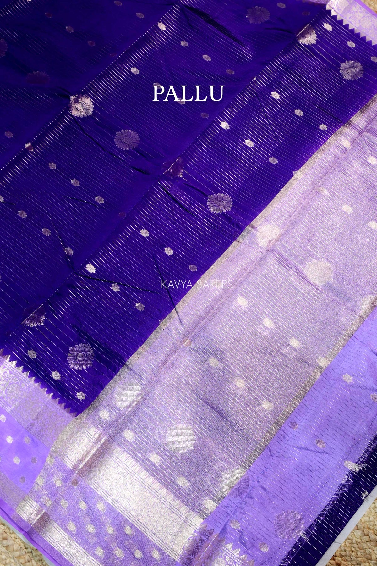 Royal Purple Semi Raw Silk Saree with Silver Floral Zari Motifs & Elegant Zari Border