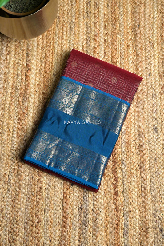 Maroon & Royal Blue Kanchi Pattu Silk Saree with Rich Zari Border