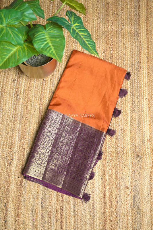 Orange & Wine Chinnon Silk Fancy Saree with Traditional Zari Border