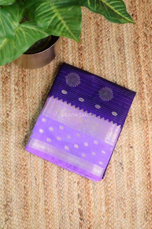 Royal Purple Semi Raw Silk Saree with Silver Floral Zari Motifs & Elegant Zari Border