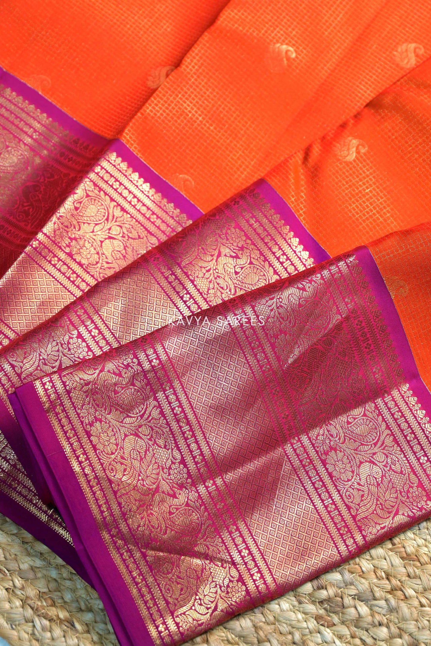 Orange & Magenta Kanchi Pattu Silk Saree with Traditional Zari Border