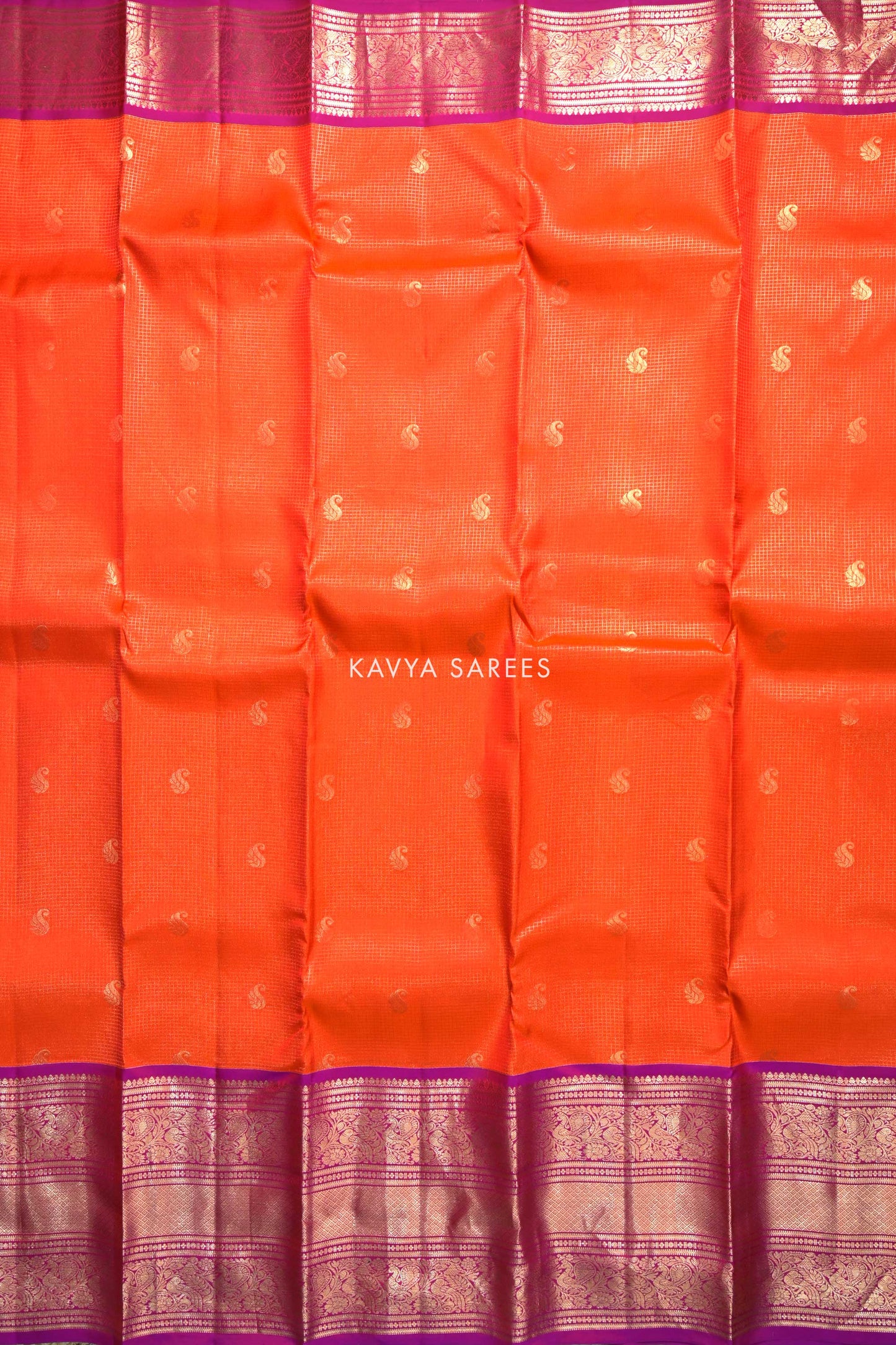 Orange & Magenta Kanchi Pattu Silk Saree with Traditional Zari Border