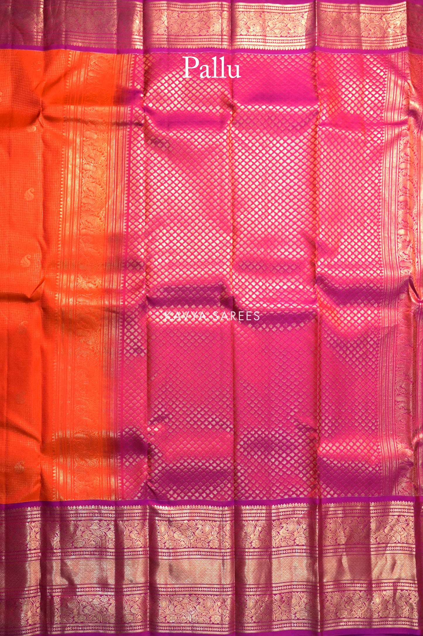 Orange & Magenta Kanchi Pattu Silk Saree with Traditional Zari Border